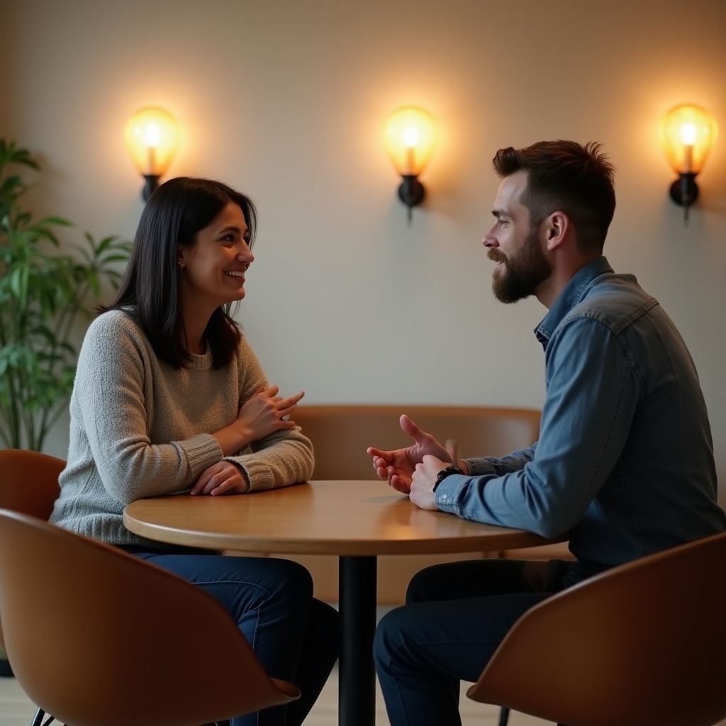 Zwei Personen sitzen in einem hellen Besprechungsraum und sprechen über die Kursinhalte