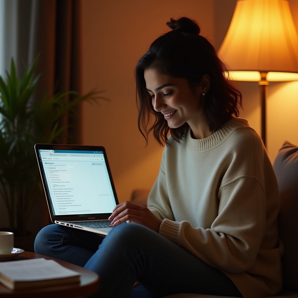 Frau bearbeitet am Laptop eine Selbstreflexionsübung aus dem Onlinekurs